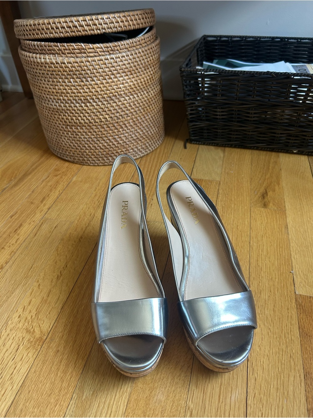 Prada Silver Metallic Peep-Toe Slingback Wedges